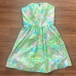 Lilly Pulitzer Richelle Strapless Tie Back Dress Elephant Ear in Green and Pink
